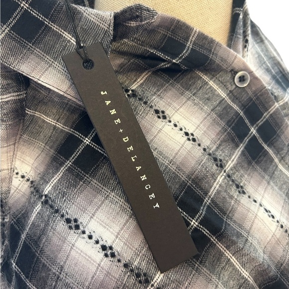 Jane and Delancey Black Stitch Button Down Collared Boyfriend Plaid Top Small - Picture 11 of 13